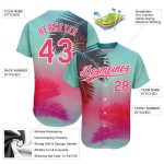 Personalized Neon Pink White Aqua 3D Baseball Jersey with Hawaii Palm Leaves Personalized Aqua Neon Pink-White 3D Hawaii