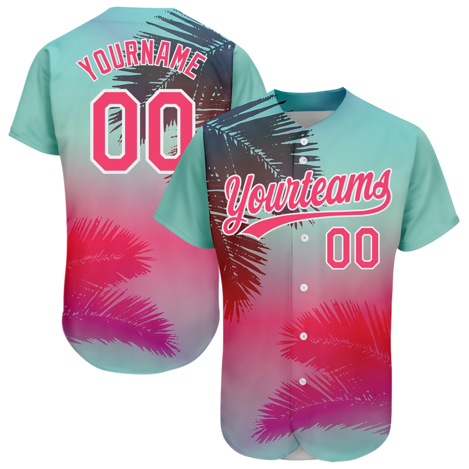Custom Name and Number Hawaii Palm Leaves Baseball Jersey - Personalized Aqua Neon Pink-White 3D Pattern Design Personalized