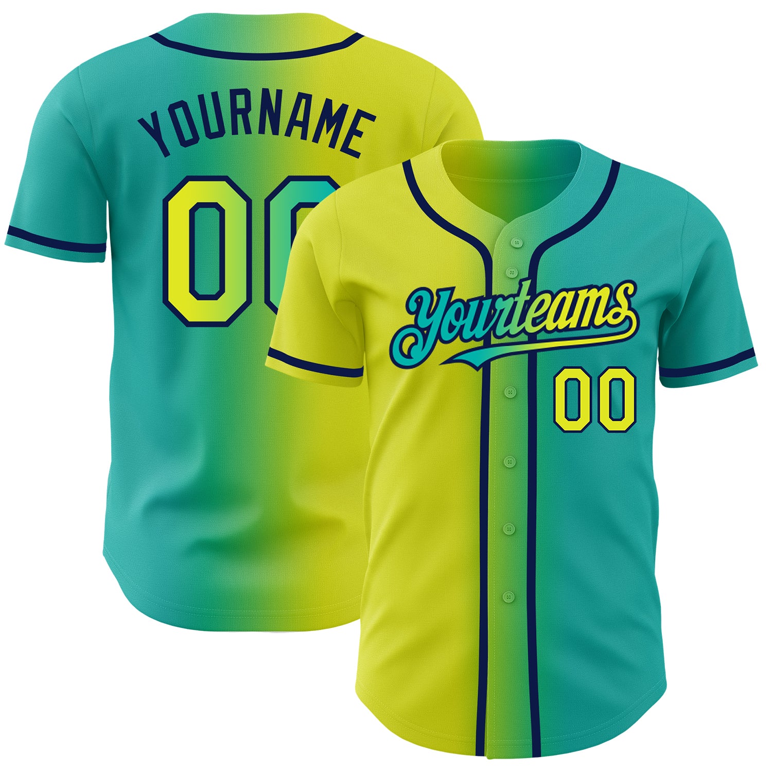 Custom Name and Number Personalized Aqua Neon Yellow-Navy Gradient Baseball Jersey - Authentic Fashion Team Gear Personalized