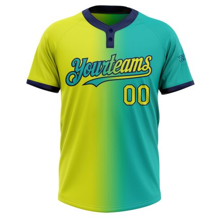 Personalized Softball Jersey - Aqua Yellow Navy Gradient Unisex Two-Button Fashion Design Personalized Aqua Neon Yellow-Navy