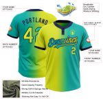 Custom Aqua Neon Yellow-Navy Gradient Softball Jersey with Name and Number - Unisex Two-Button Fashion Design Personalized