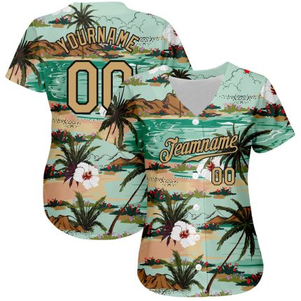 Personalized 3D Hawaii Palm Trees Flowers Baseball Jersey - Aqua Gold Black Personalized Aqua Old Gold-Black 3D Hawaii Palm