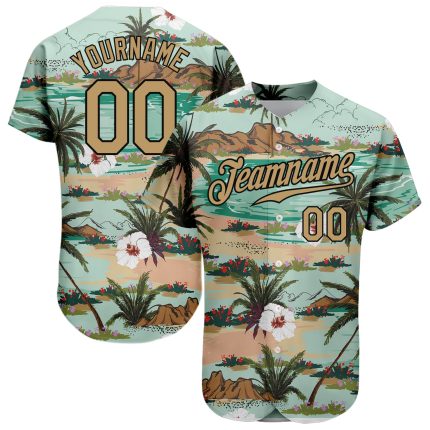 Personalized 3D Hawaii Palm Trees Flowers Baseball Jersey - Aqua Gold Black Personalized Aqua Old Gold-Black 3D Hawaii Palm
