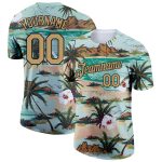 Personalized 3D Hawaii Palm Trees and Flowers Performance T-Shirt in Aqua Old Gold-Black Personalized Aqua Old Gold-Black
