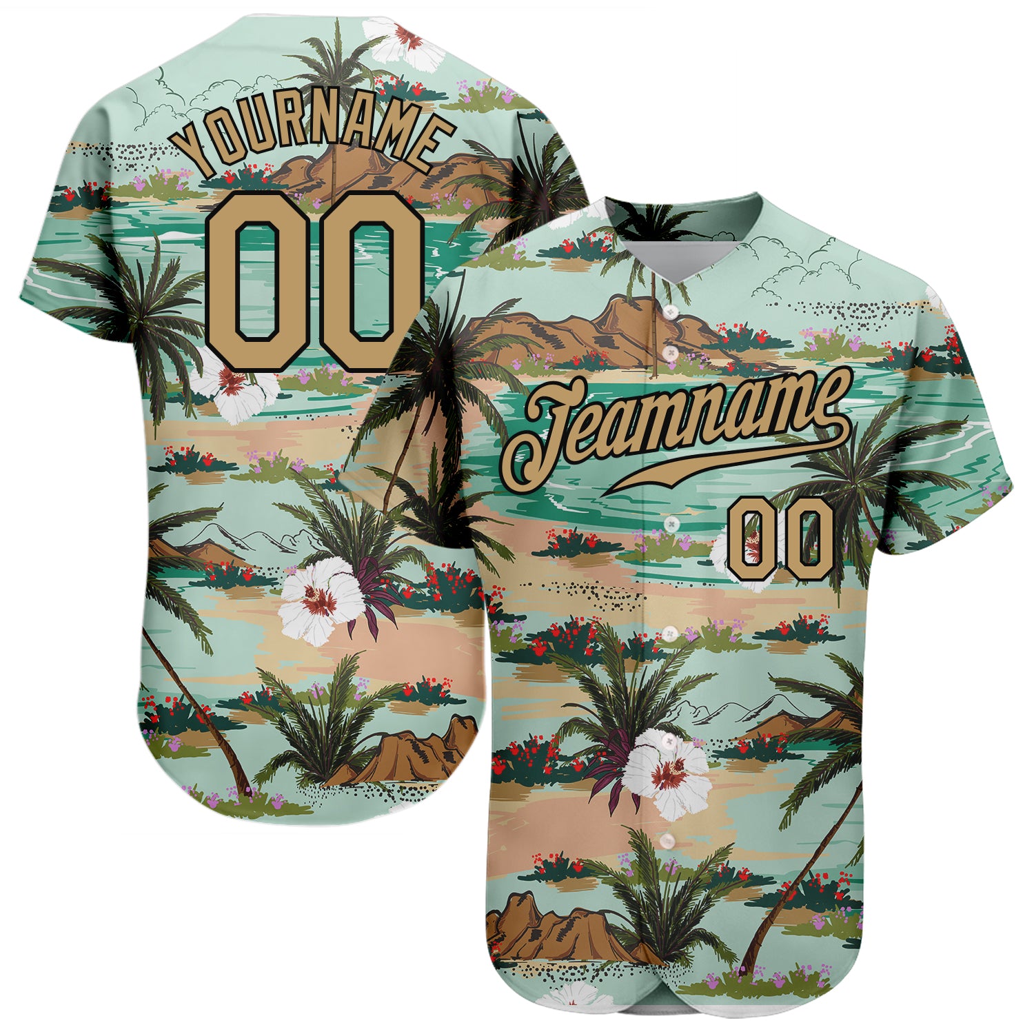 Personalized Aqua Gold Black 3D Pattern Hawaii Palm Trees Flowers Custom Name Number Baseball Jersey Personalized Aqua Old