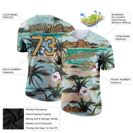 Custom Name Number Performance T-Shirt with Aqua Old Gold-Black 3D Pattern, Hawaii Palm Trees & Flowers Design Personalized
