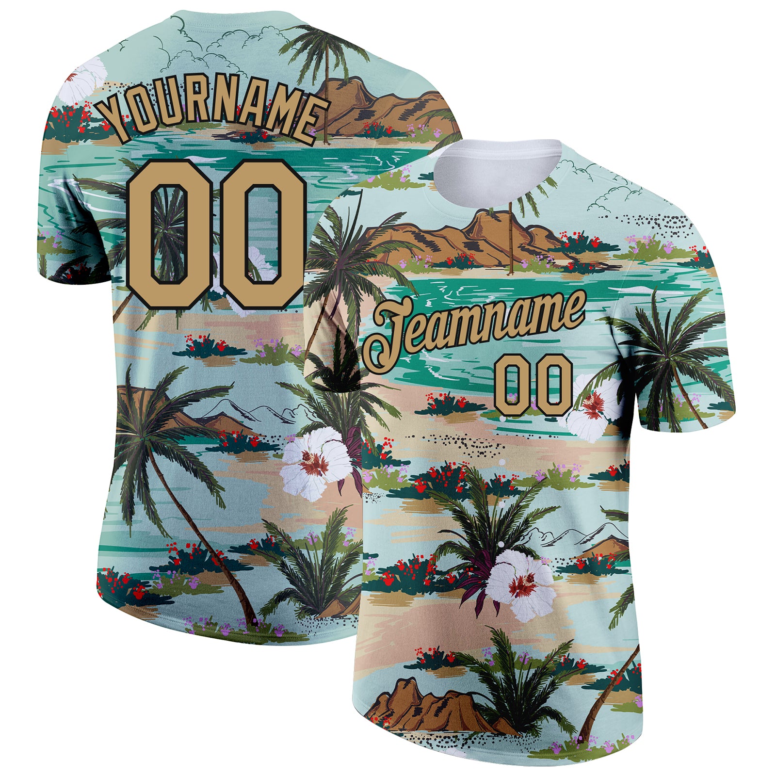 Custom Name Number Performance T-Shirt with Aqua Old Gold-Black 3D Pattern, Hawaii Palm Trees & Flowers Design Personalized
