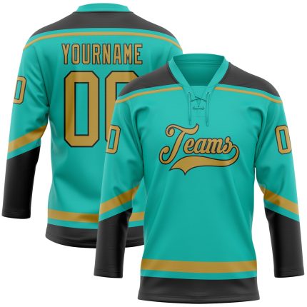 Personalized Aqua Old Gold Black Lace Neck Hockey Jersey for Men and Women Personalized Aqua Old Gold-Black Hockey Lace Neck