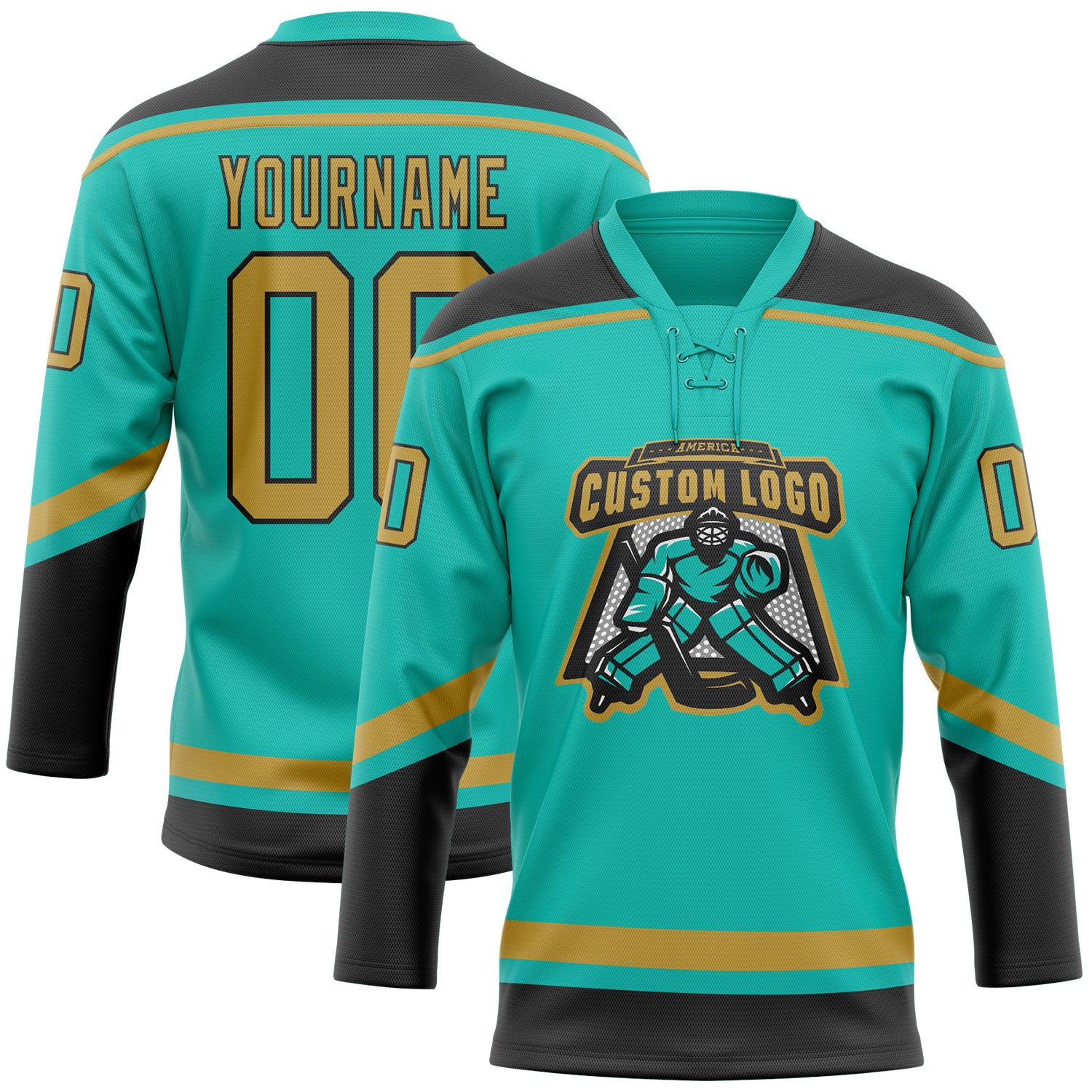 Personalized Aqua Old Gold-Black Hockey Lace Neck Jersey Team Custom Name and Number Custom Name and Number Hockey Jersey - Aqua Old Gold Black Lace Neck Team Jersey Personalized Aqua Old Gold-Black Hockey - Image 2
