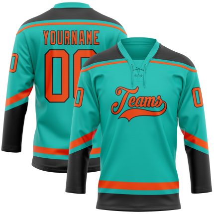 Aqua Orange Black Personalized Hockey Jersey with Lace Neck Design Personalized Aqua Orange-Black Hockey Lace Neck Jersey