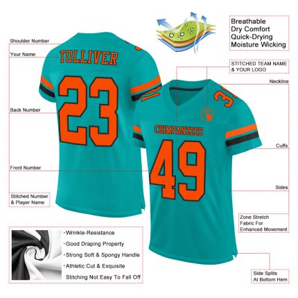 Custom Name and Number Authentic Football Jersey - Personalized Aqua Orange-Black Mesh Design Personalized Aqua Orange-Black