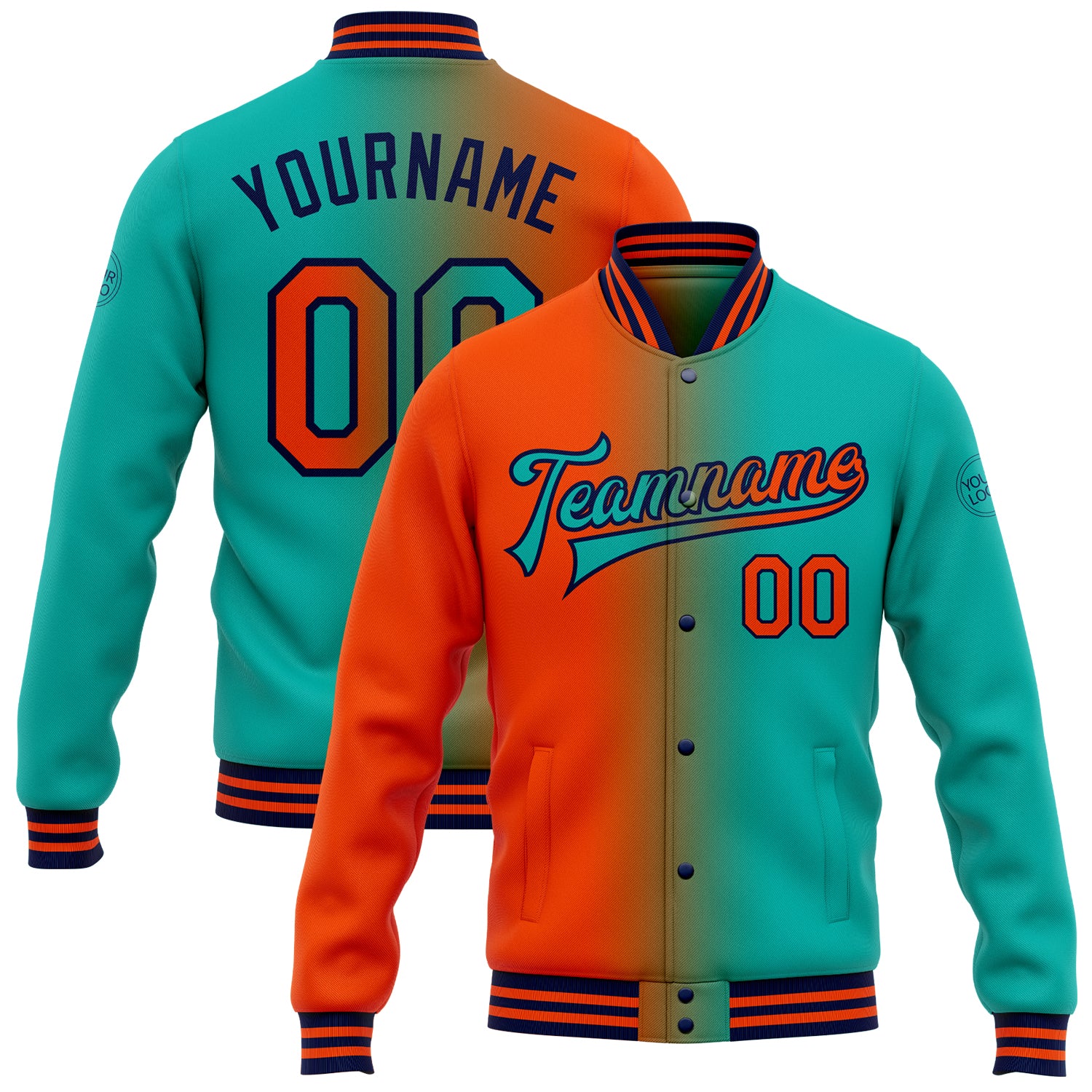 Custom Name Number Varsity Letterman Jacket Aqua Orange Navy Gradient Bomber Fashion Full-Snap for Team Personalized Aqua