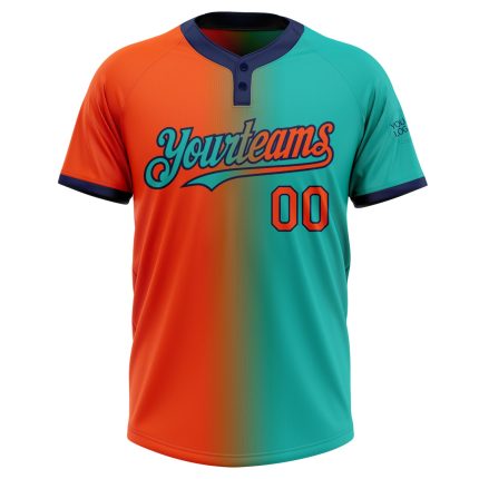 Custom Name & Number Personalized Aqua Orange-Navy Gradient Unisex Softball Jersey - Fashion Two-Button Design Personalized