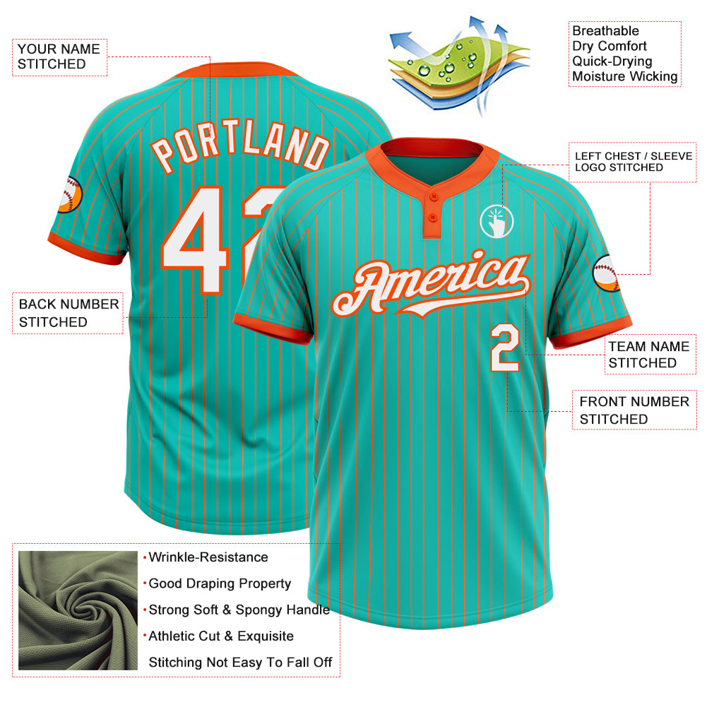 Personalized Unisex Softball Jersey Aqua Orange Pinstripe Two-Button Design, Customizable for Comfort and Style Personalized - Image 3
