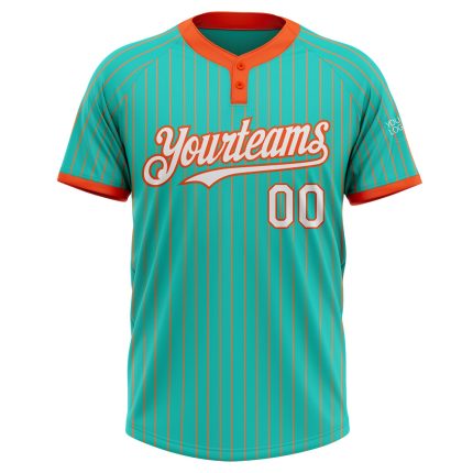Custom Name and Number Aqua Orange Pinstripe Unisex Softball Jersey - Personalized Two-Button Design Personalized Aqua Orange