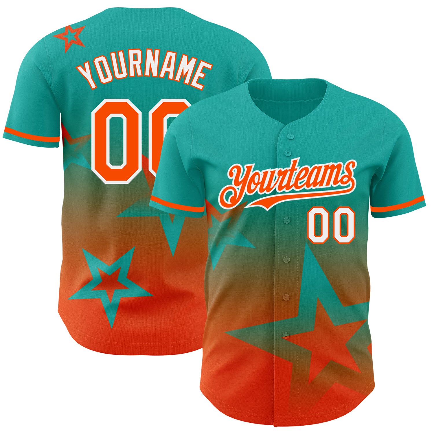 Personalized Gradient Twinkle Star Baseball Jersey with Custom Name & Number - Aqua Orange-White 3D Pattern Design Personalized