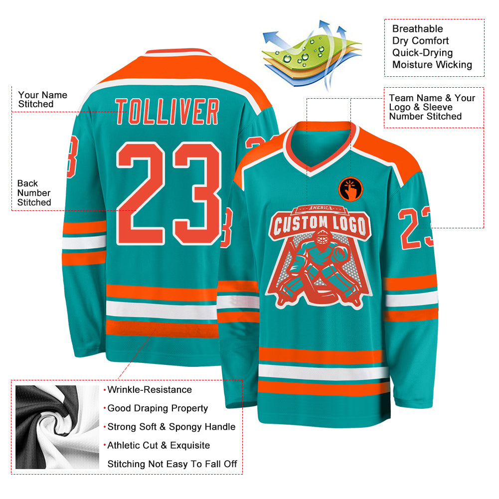 Custom Aqua Orange White Hockey Jersey - Personalized Team Apparel Personalized Aqua Orange-White Hockey Jersey 2 - Image 3