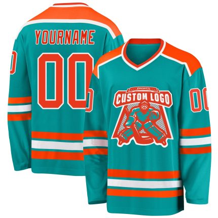 Personalized Aqua and Orange Hockey Jersey - White Custom Hockey Shirt Personalized Aqua Orange-White Hockey Jersey