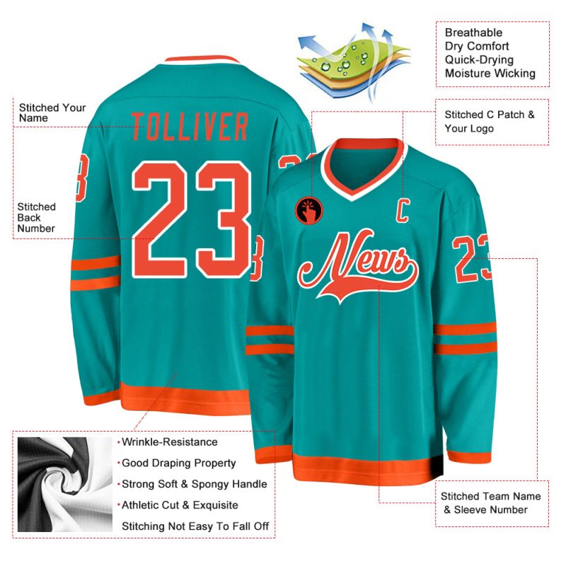 Custom Name and Number Aqua Orange-White Hockey Jersey | Personalized Team Gear Personalized Aqua Orange-White Hockey Jersey