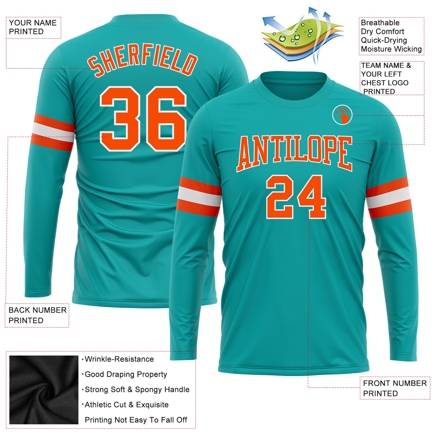Personalized Aqua Orange White Long Sleeve Performance Tee for Men and Women Personalized Aqua Orange-White Long Sleeve Performance - Image 3