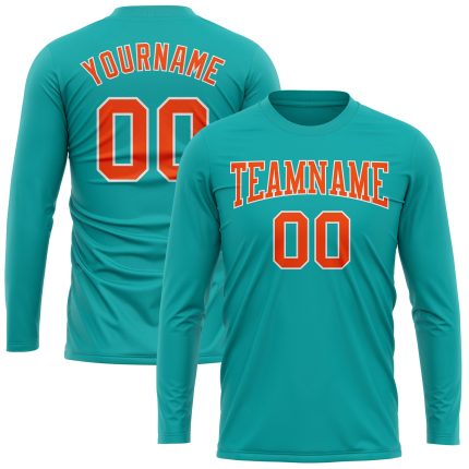 Personalized Aqua Orange White Long Sleeve Performance Tee for Men and Women Personalized Aqua Orange-White Long Sleeve Performance