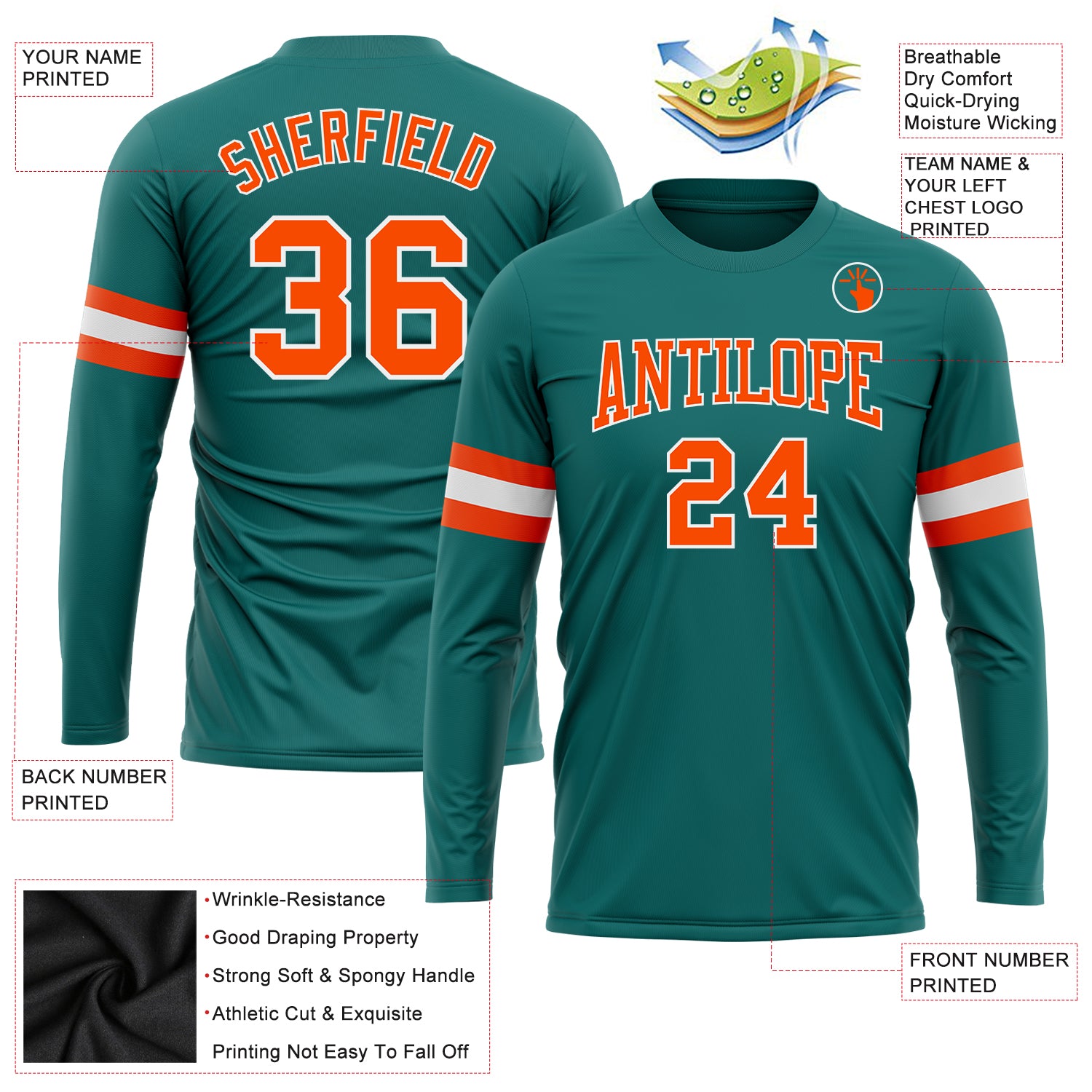 Personalized Aqua Orange White Long Sleeve Performance Shirt for Men Women Personalized Aqua Orange-White Long Sleeve Performance - Image 3