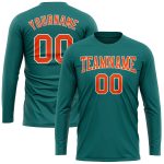 Custom Name and Number Long Sleeve Performance T-Shirt - Personalized Aqua Orange-White Team Apparel Personalized Aqua Orange-White