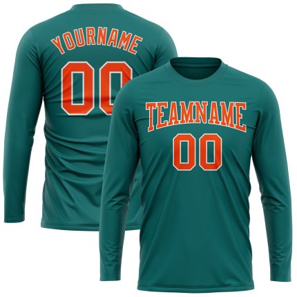 Custom Name and Number Long Sleeve Performance T-Shirt - Personalized Aqua Orange-White Team Apparel Personalized Aqua Orange-White