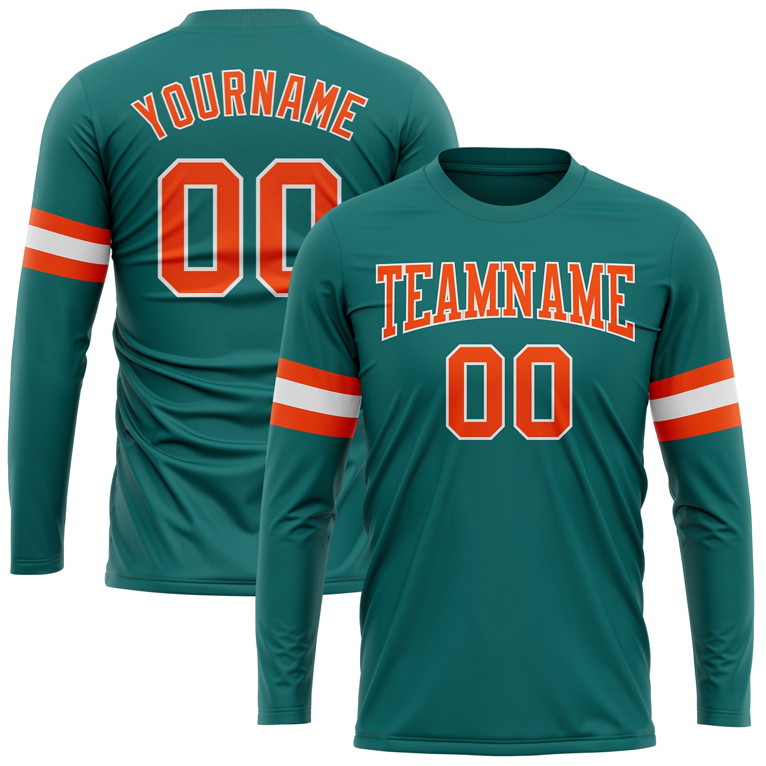 Custom Name and Number Long Sleeve Performance T-Shirt - Personalized Aqua Orange-White Team Apparel Personalized Aqua Orange-White
