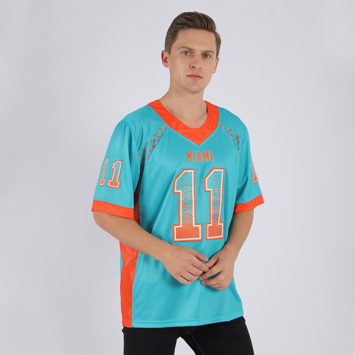 Personalized Aqua Orange White Fashion Football Jersey - Mesh Drift Style Personalized Aqua Orange-White Mesh Drift Fashion