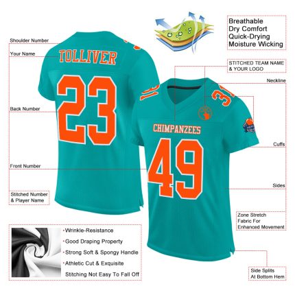 Custom Aqua Orange White Mesh Football Jersey - Personalized Design 3 Personalized Aqua Orange-White Mesh Football Jersey