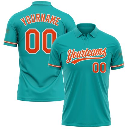 Custom Name Number Aqua Orange-White Performance Golf Polo Shirt - Personalized Team Apparel Personalized Aqua Orange-White