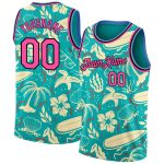 Custom Name and Number Basketball Jersey Tropical Hawaii Trees Pink Black 3D Pattern Personalized Aqua Design Personalized