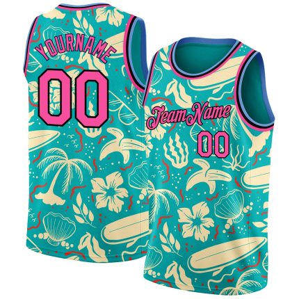 Personalized Tropical Hawaii Trees Basketball Jersey - Aqua Pink-Black Design Personalized Aqua Pink-Black 3D Tropical Hawaii