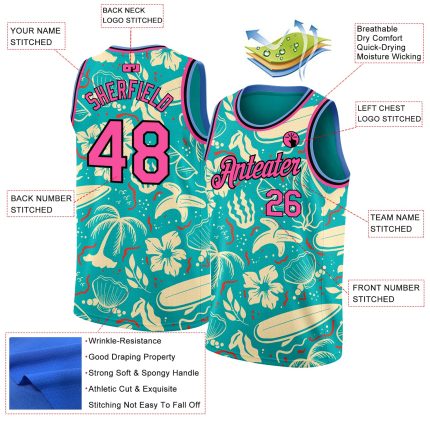 Personalized Tropical Hawaii Trees Basketball Jersey - Aqua Pink-Black Design Personalized Aqua Pink-Black 3D Tropical Hawaii