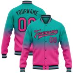 Custom Name Number Aqua Pink Black Varsity Bomber Jacket Full Snap Fashion Fade Team Letterman Personalized Aqua Pink-Black