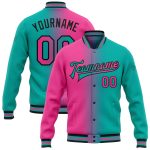Personalized Aqua Pink Black Gradient Varsity Letterman Bomber Jacket Full-Snap Fashion Personalized Aqua Pink-Black Bomber