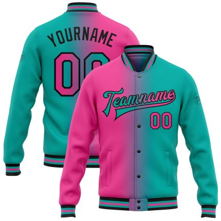 Personalized Aqua Pink Black Gradient Varsity Letterman Bomber Jacket Full-Snap Fashion Personalized Aqua Pink-Black Bomber
