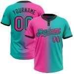 Custom Aqua Pink-Black Gradient Softball Jersey for Teams with Name and Number - Unisex Two-Button Design Personalized Aqua