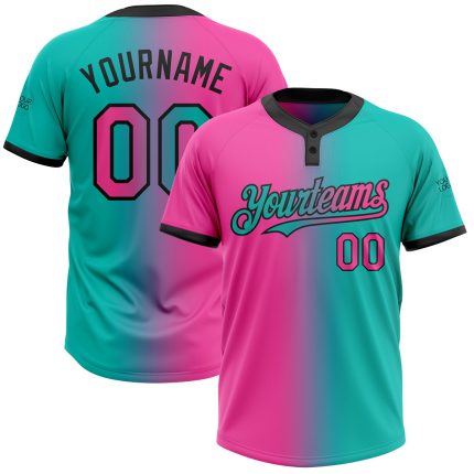 Custom Aqua Pink-Black Gradient Softball Jersey for Teams with Name and Number - Unisex Two-Button Design Personalized Aqua