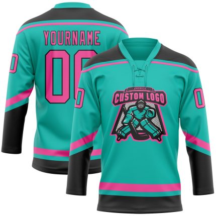 Personalized Aqua Pink Black Hockey Jersey with Lace Neck Design Personalized Aqua Pink-Black Hockey Lace Neck Jersey