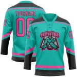 Custom Team Hockey Jersey with Personalized Name and Number in Aqua, Pink, and Black Lace Neck Design Personalized Aqua Pink-Black