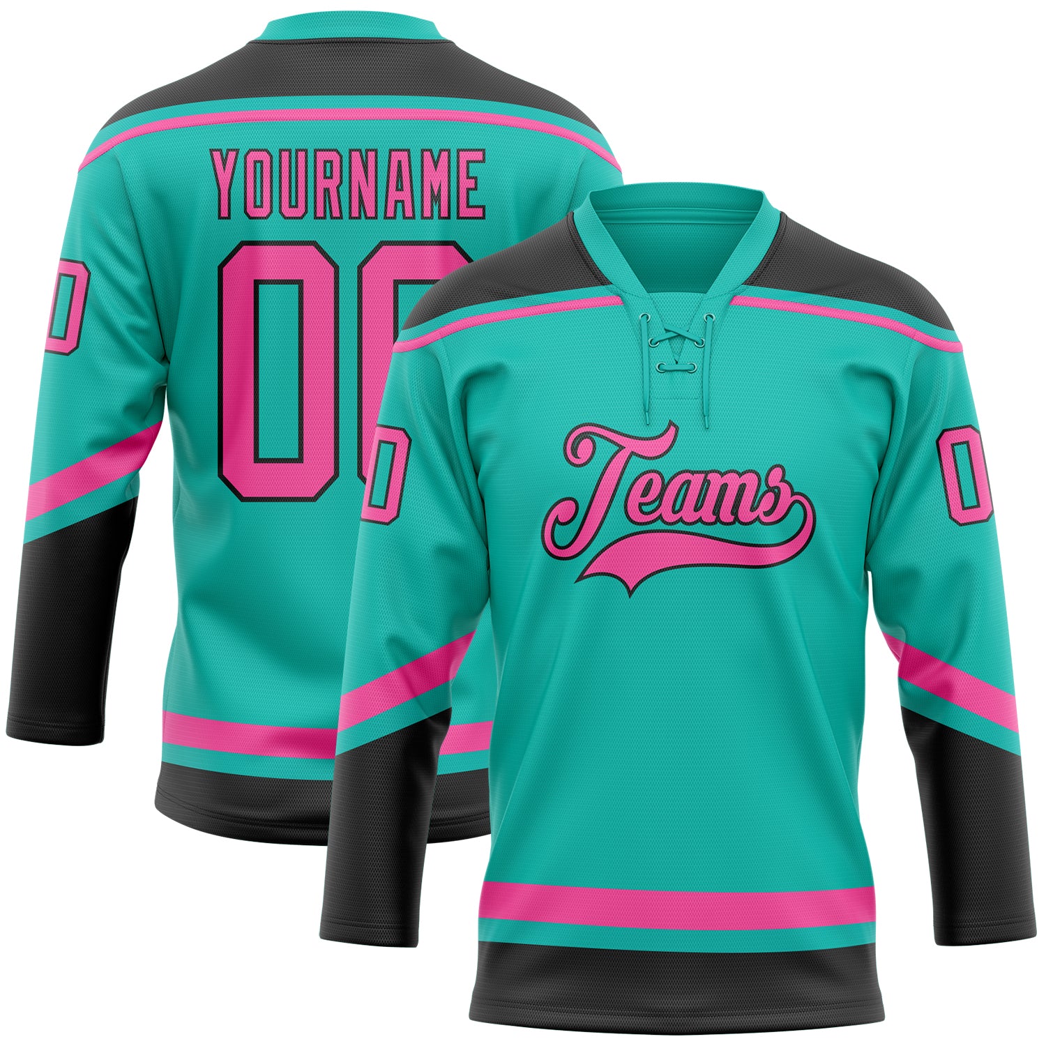 Custom Team Hockey Jersey with Personalized Name and Number in Aqua, Pink, and Black Lace Neck Design Personalized Aqua Pink-Black