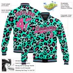 Personalized Leopard Print 3D Bomber Varsity Jacket Aqua Pink Black Full-Snap Personalized Aqua Pink-Black Leopard Print