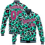 Personalized Leopard Print 3D Bomber Varsity Jacket Aqua Pink Black Full-Snap Personalized Aqua Pink-Black Leopard Print