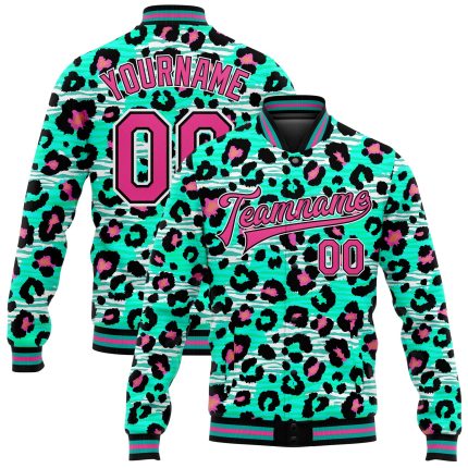 Personalized Leopard Print 3D Bomber Varsity Jacket Aqua Pink Black Full-Snap Personalized Aqua Pink-Black Leopard Print