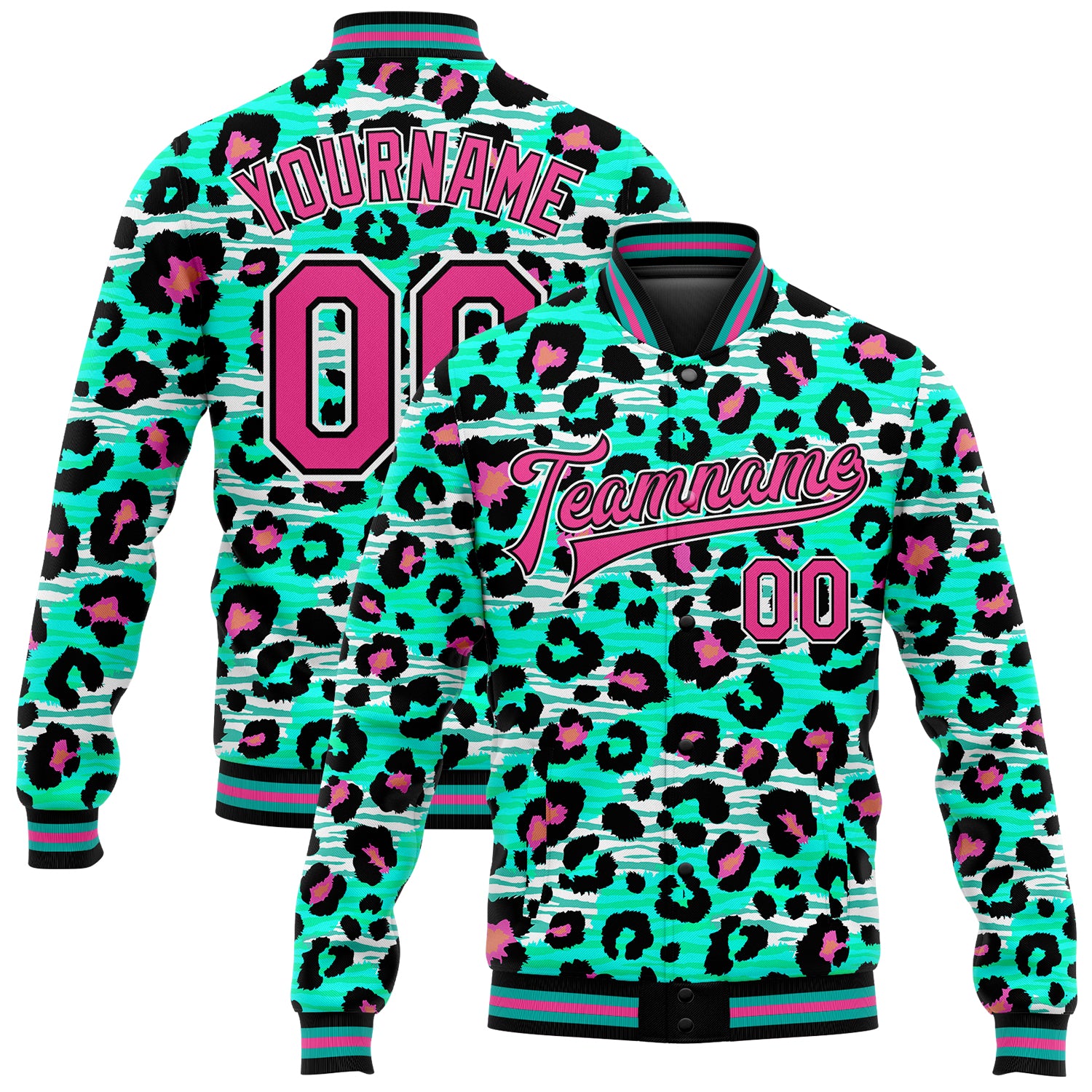 Custom Name Number Varsity Letterman Jacket Aqua Pink Black Leopard Print 3D Pattern Bomber Style Personalized Aqua Pink-Black