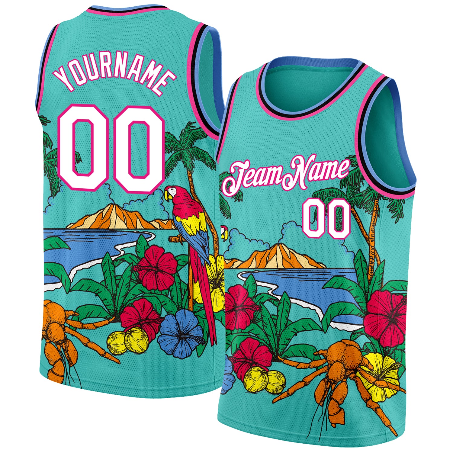 Custom Basketball Jersey Tropical Beach Hawaii Palm Trees 3D Pattern Aqua Pink Light Blue Black with Personalized Name and Number
