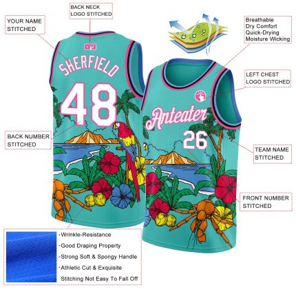 Personalized Tropical Beach Basketball Jersey with Aqua Pink Light Blue Black Palm Trees Design Personalized Aqua Pink Light