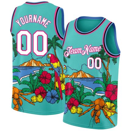 Personalized Tropical Beach Basketball Jersey with Aqua Pink Light Blue Black Palm Trees Design Personalized Aqua Pink Light